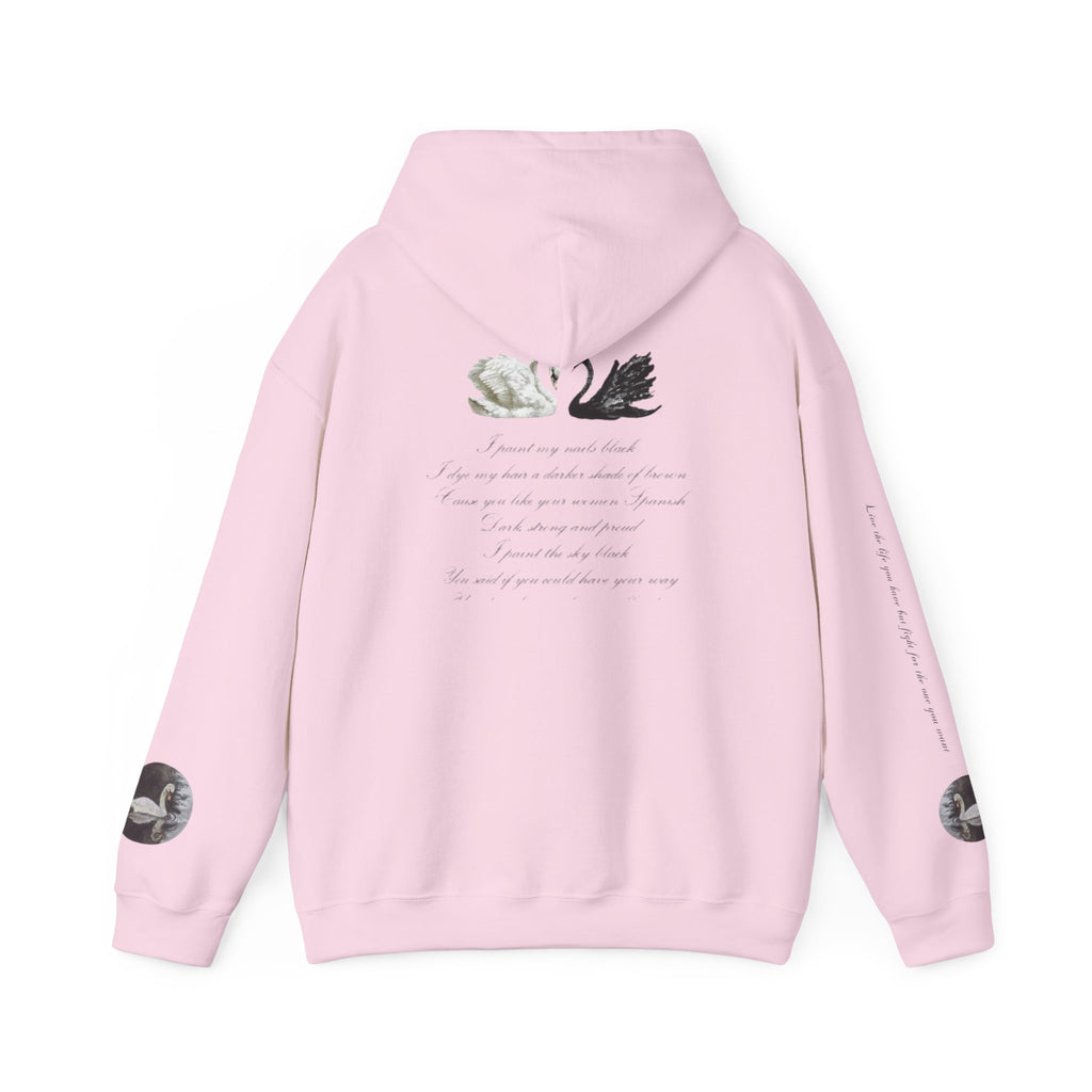 Hoodie — Black & White Swan Script Graphic Back Print