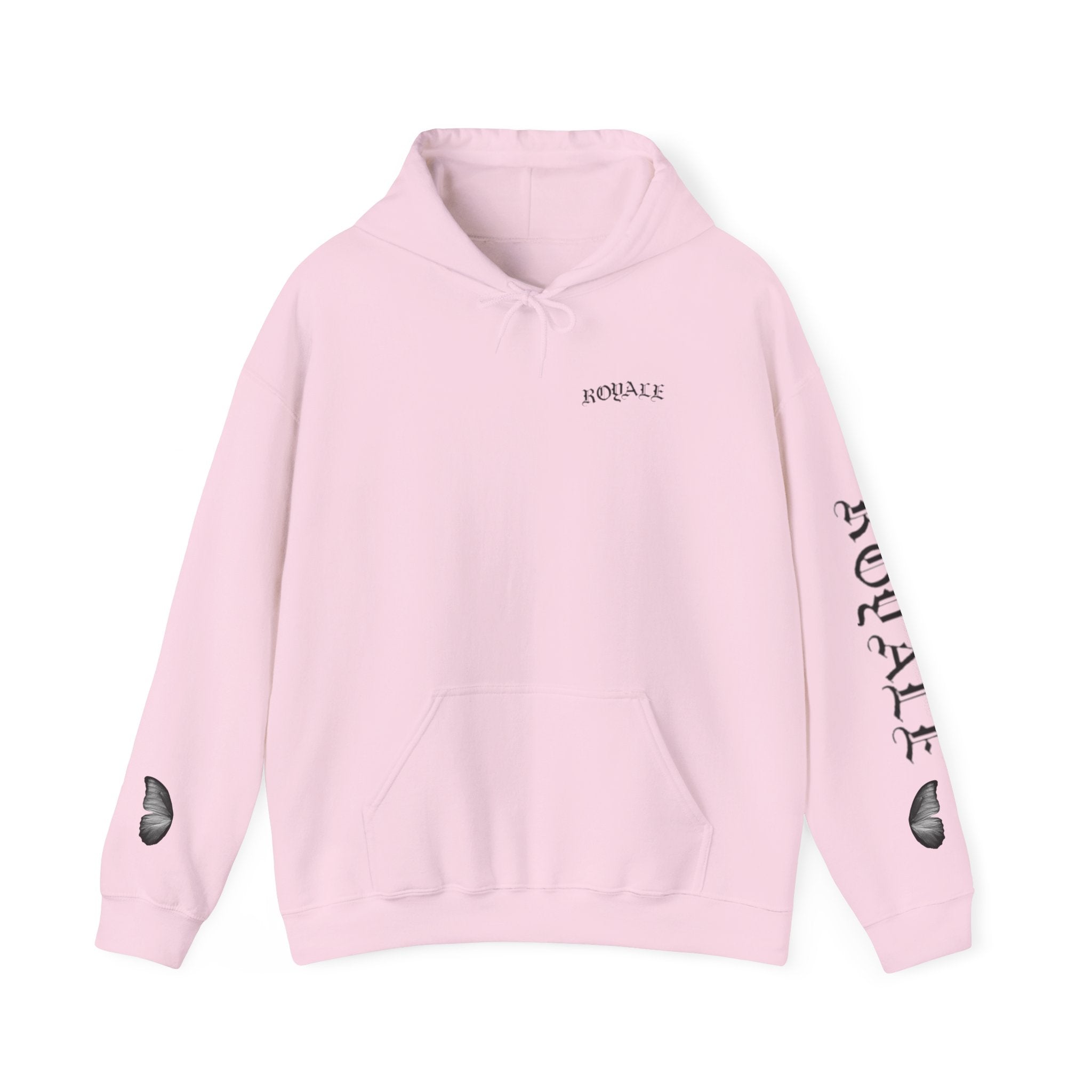Butterfly Sleeve Hoodie — Minimal Monochrome Butterflies with Script Back