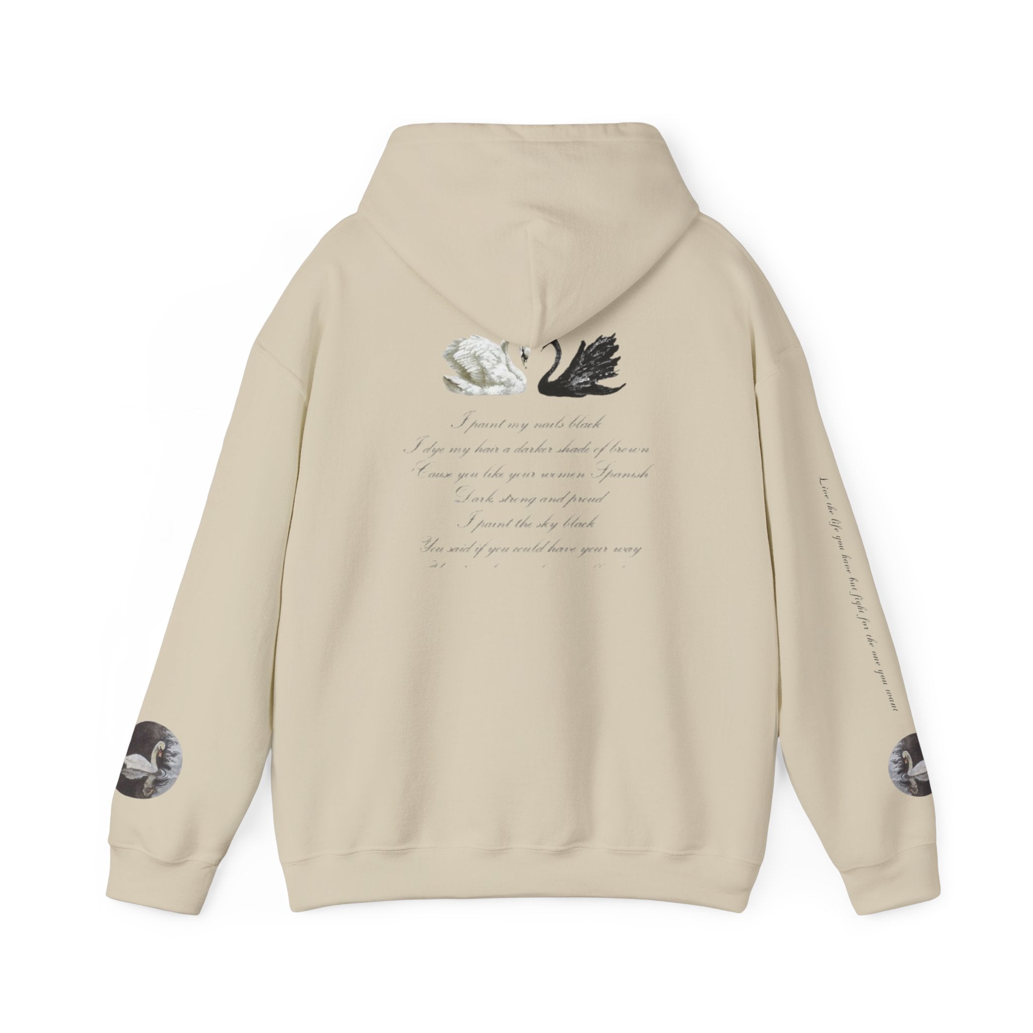 Hoodie — Black & White Swan Script Graphic Back Print