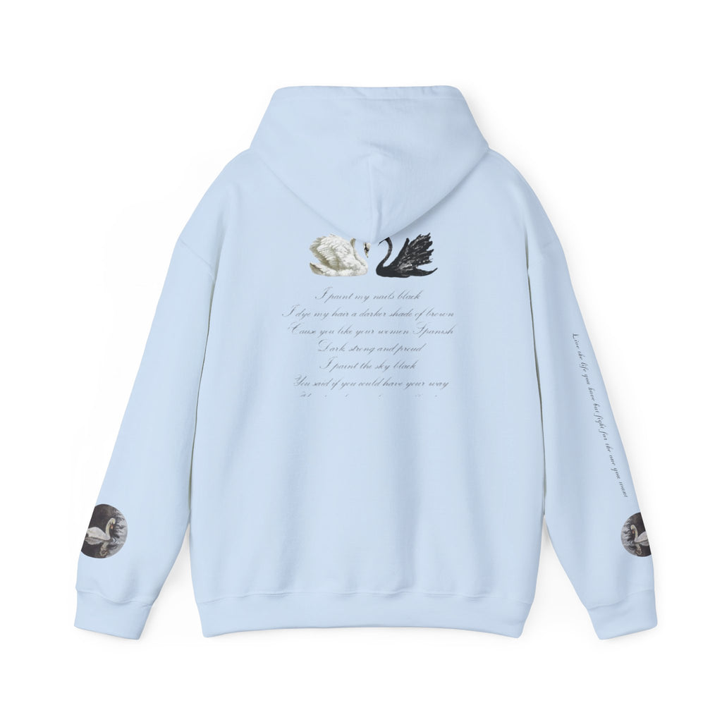 Hoodie — Black & White Swan Script Graphic Back Print