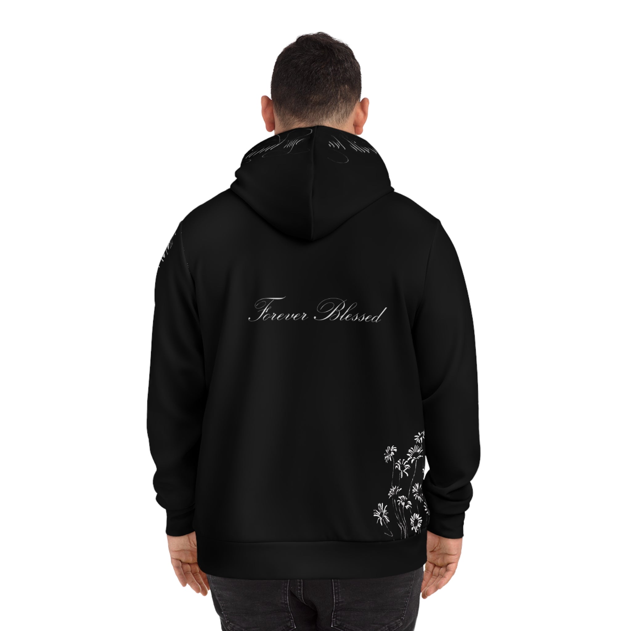 Floral Script Hoodie — 'Forever Blessed' Black AOP Fashion Hoodie