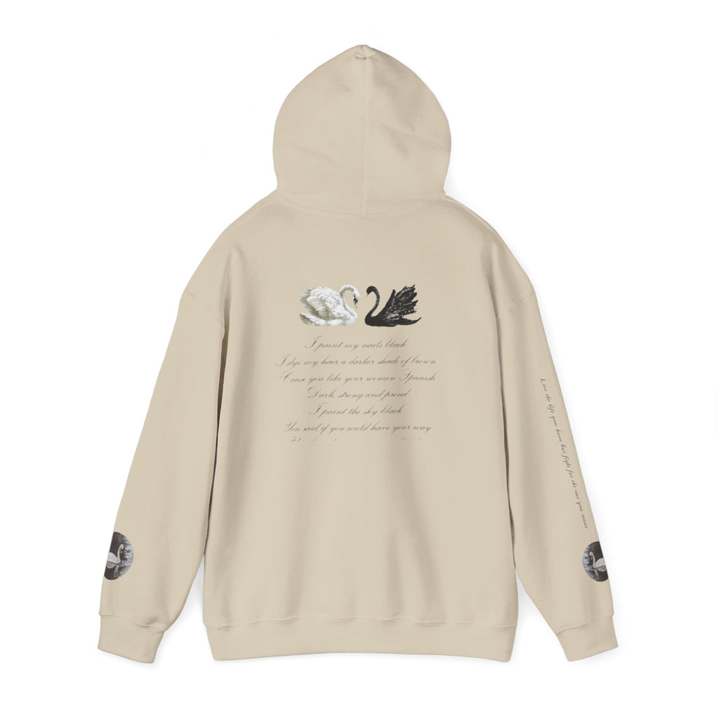 Hoodie — Black & White Swan Script Graphic Back Print