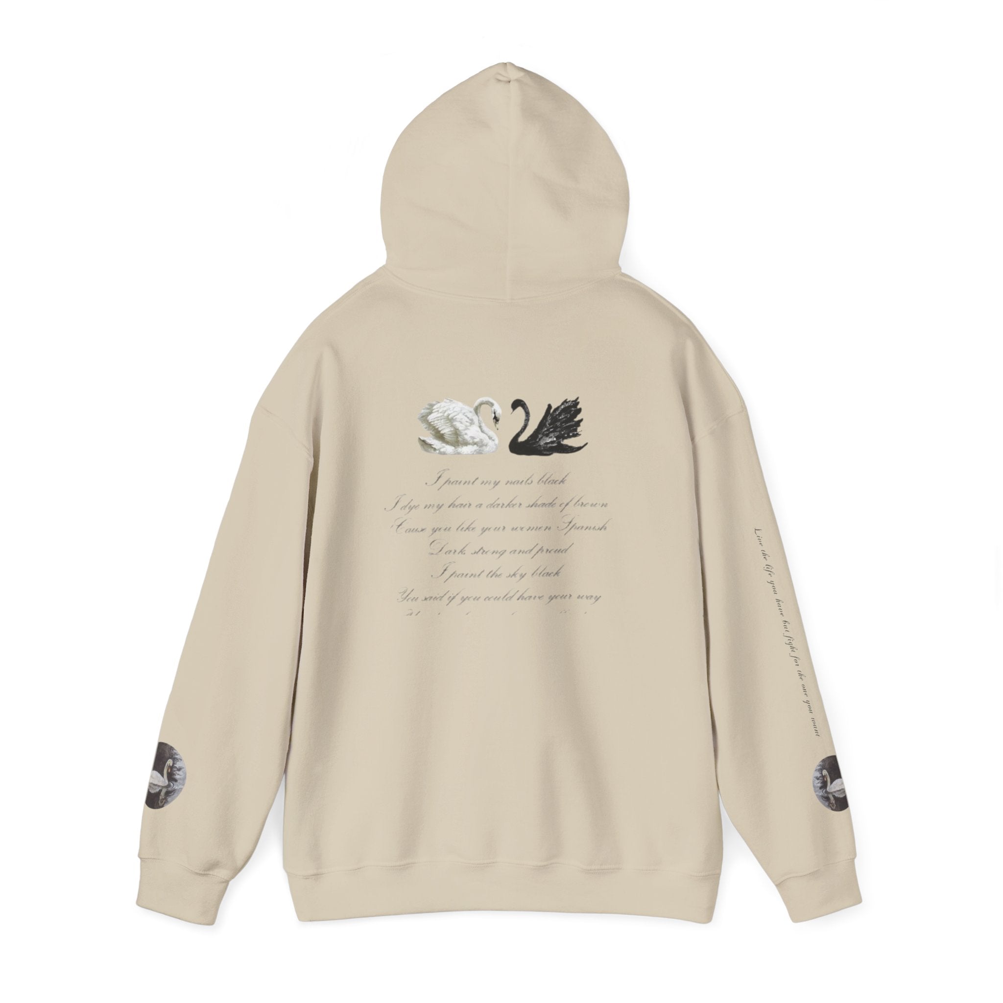 Hoodie — Black & White Swan Script Graphic Back Print