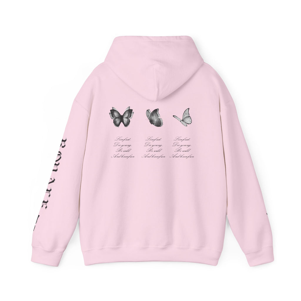 Butterfly Sleeve Hoodie — Minimal Monochrome Butterflies with Script Back