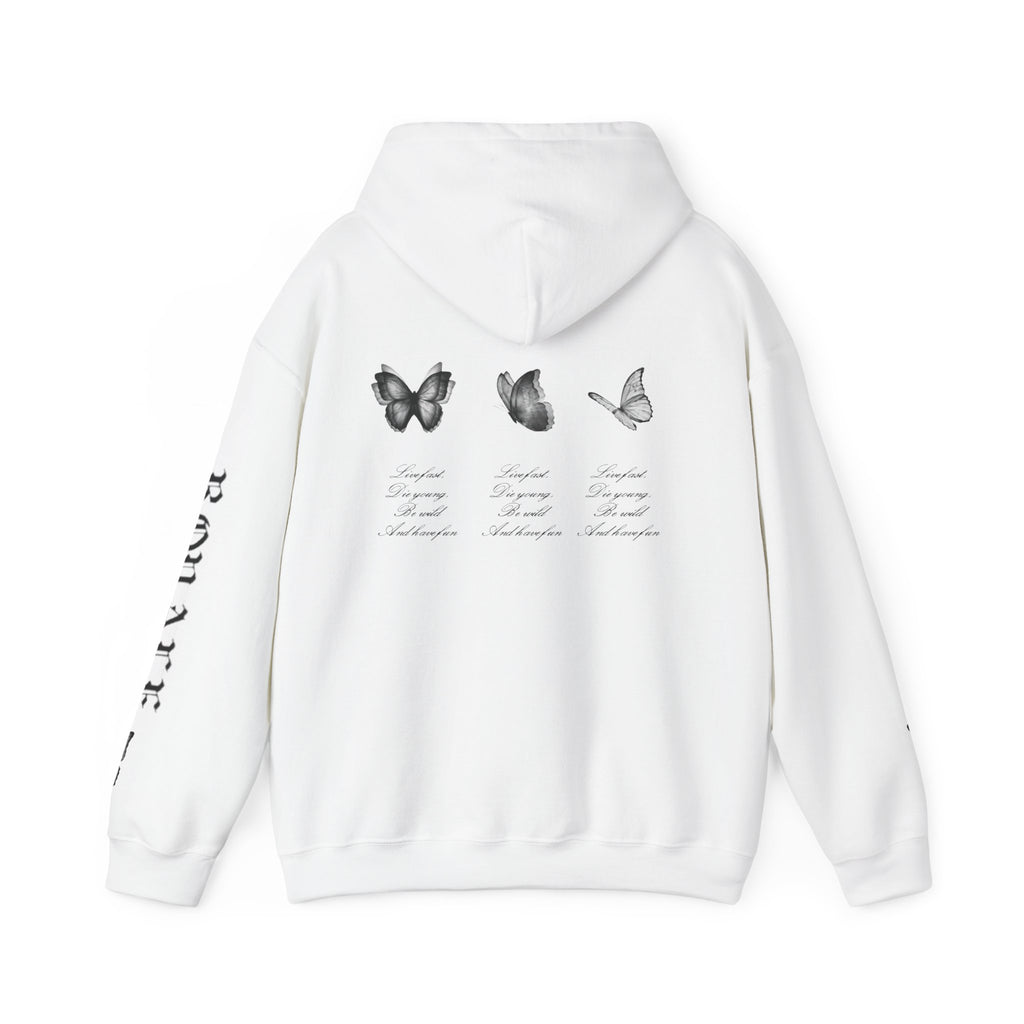 Butterfly Sleeve Hoodie — Minimal Monochrome Butterflies with Script Back