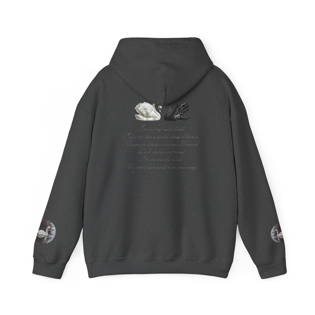 Hoodie — Black & White Swan Script Graphic Back Print