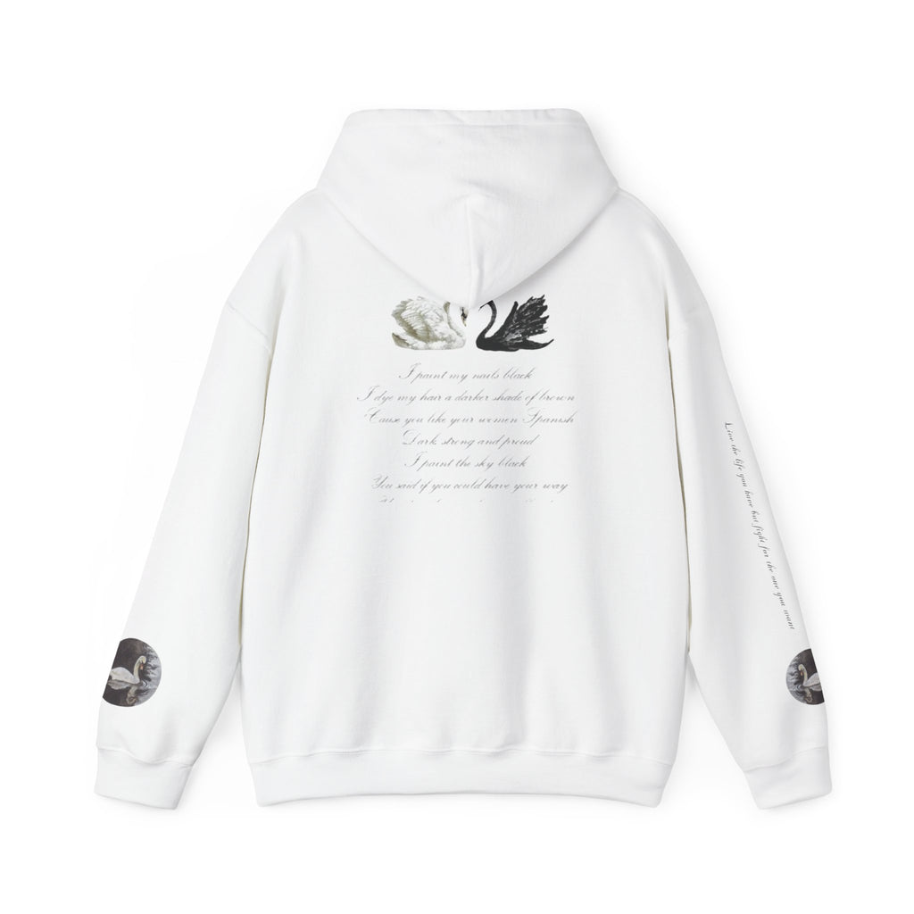 Hoodie — Black & White Swan Script Graphic Back Print