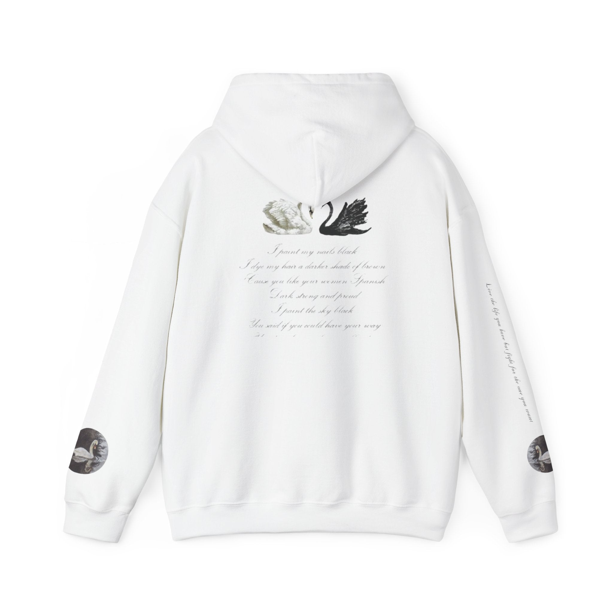 Hoodie — Black & White Swan Script Graphic Back Print