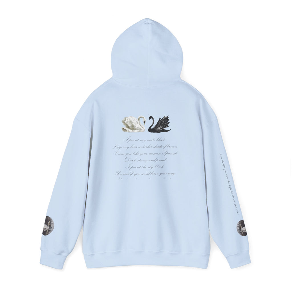 Hoodie — Black & White Swan Script Graphic Back Print