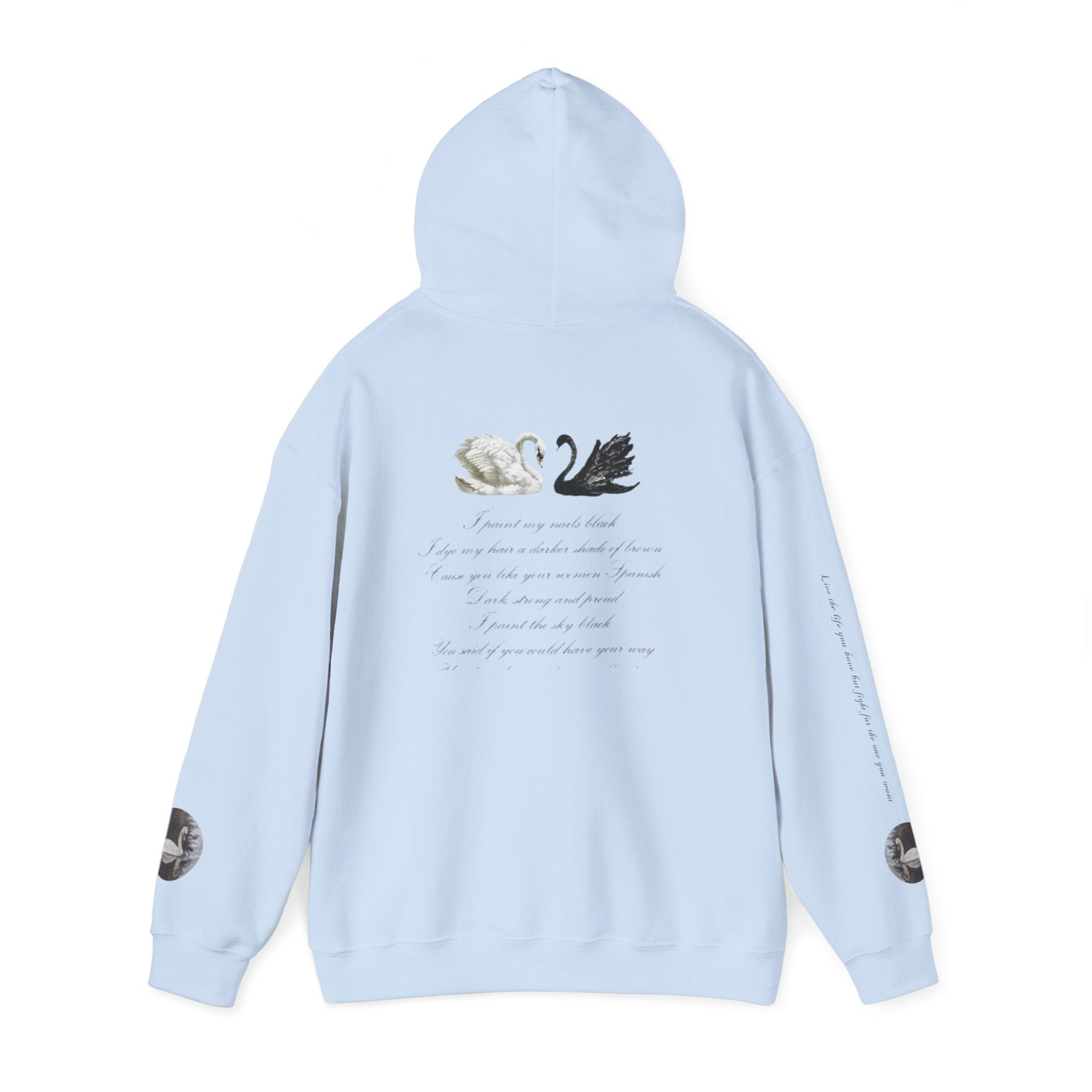 Hoodie — Black & White Swan Script Graphic Back Print