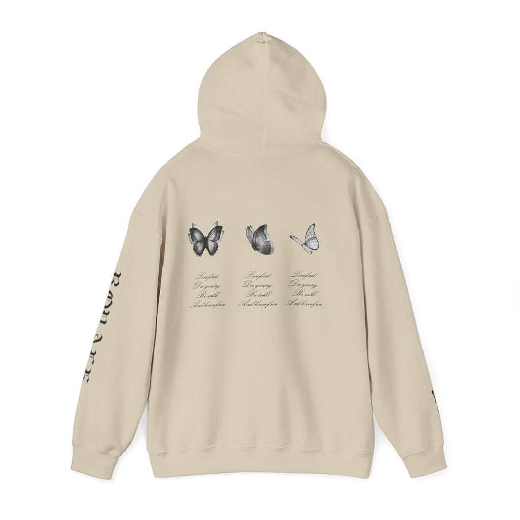 Butterfly Sleeve Hoodie — Minimal Monochrome Butterflies with Script Back