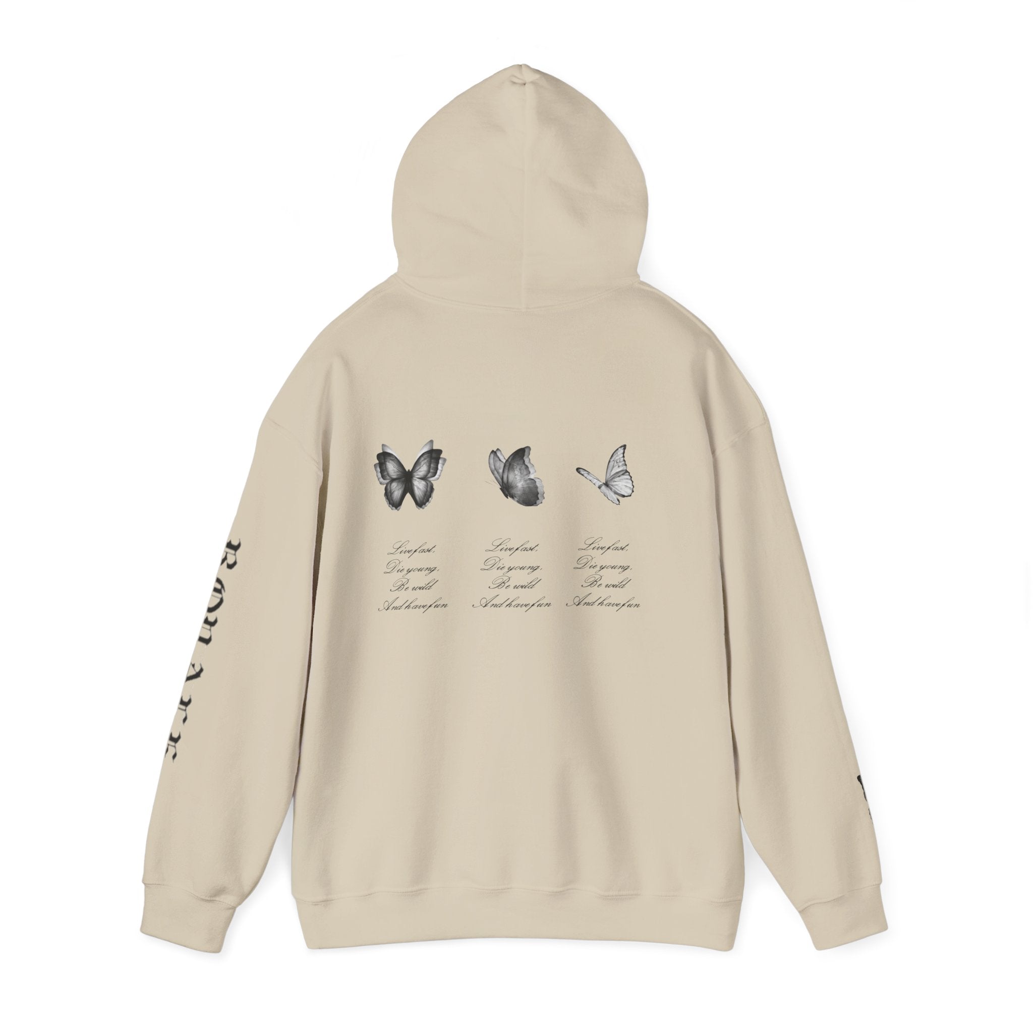 Butterfly Sleeve Hoodie — Minimal Monochrome Butterflies with Script Back