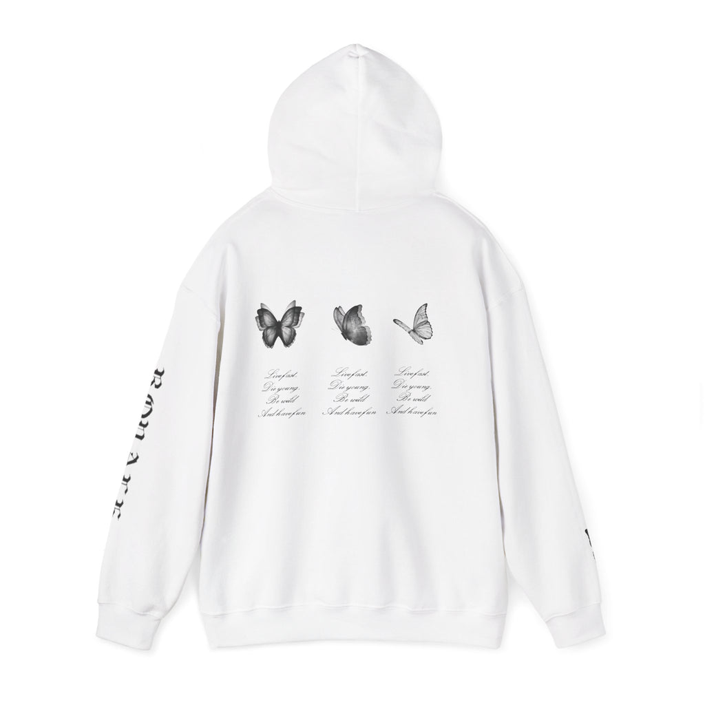 Butterfly Sleeve Hoodie — Minimal Monochrome Butterflies with Script Back