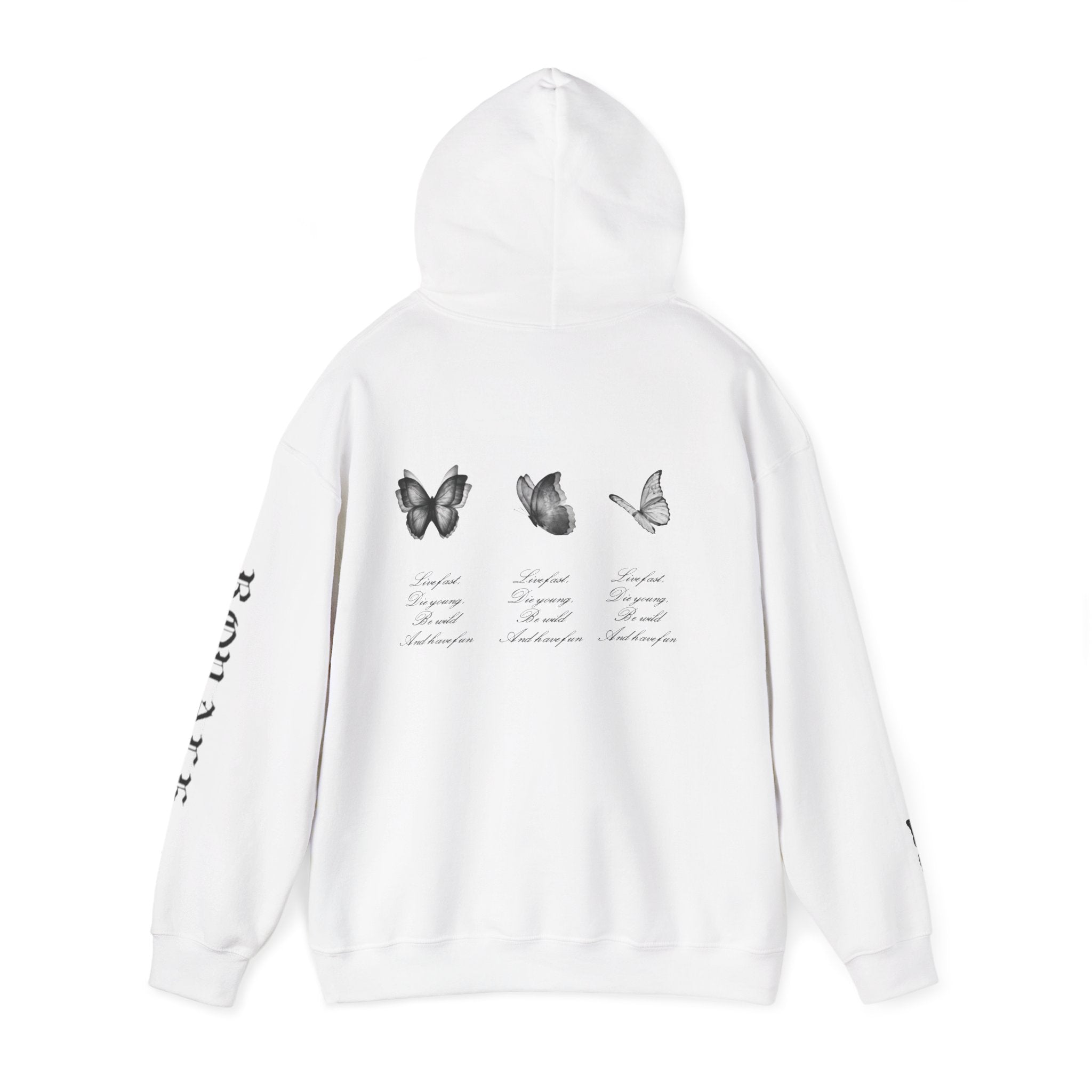 Butterfly Sleeve Hoodie — Minimal Monochrome Butterflies with Script Back