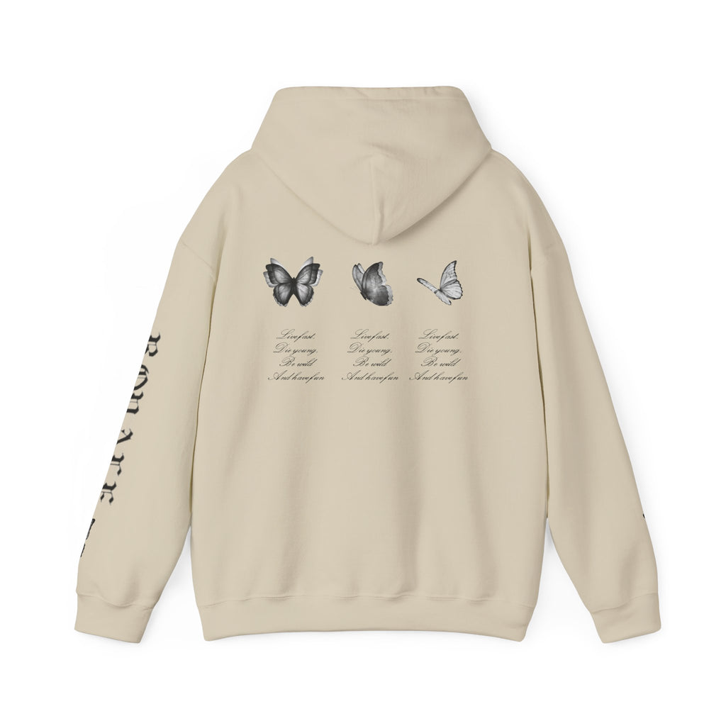 Butterfly Sleeve Hoodie — Minimal Monochrome Butterflies with Script Back