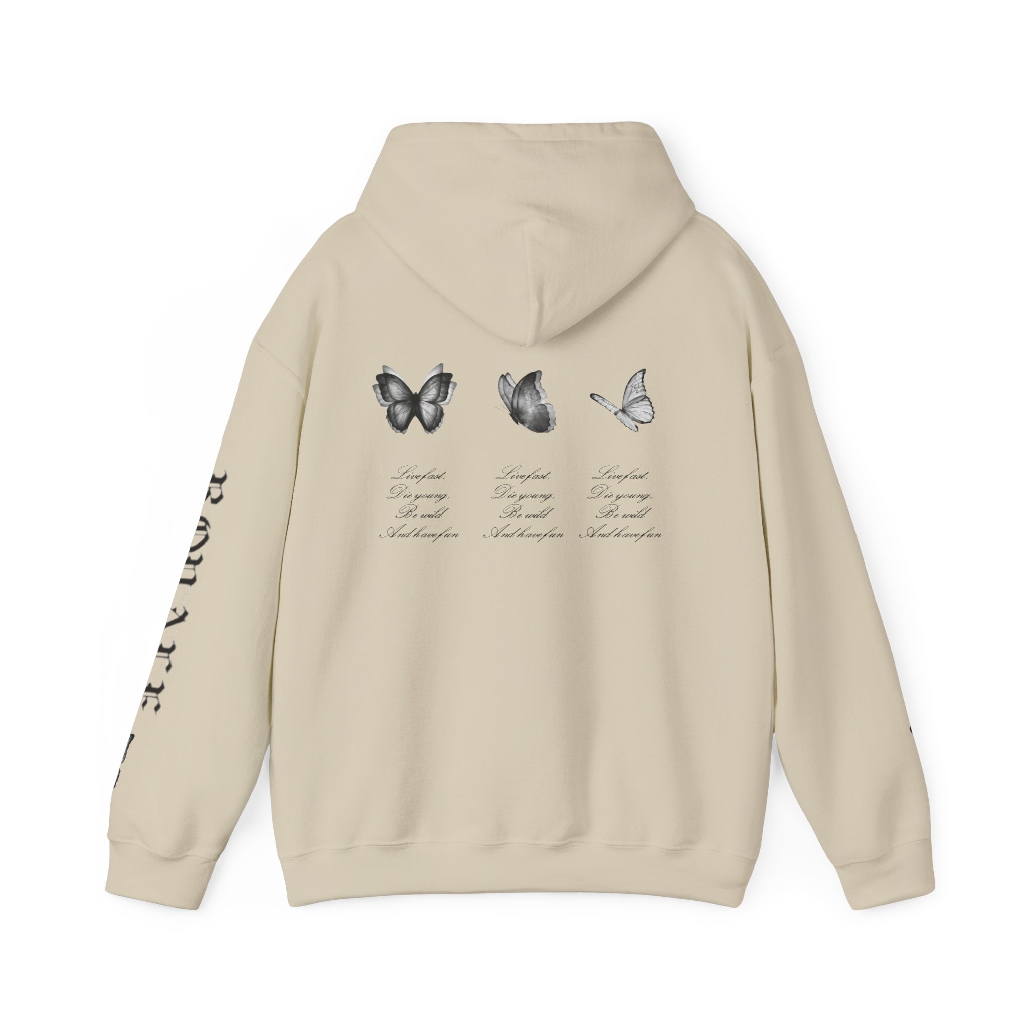 Butterfly Sleeve Hoodie — Minimal Monochrome Butterflies with Script Back