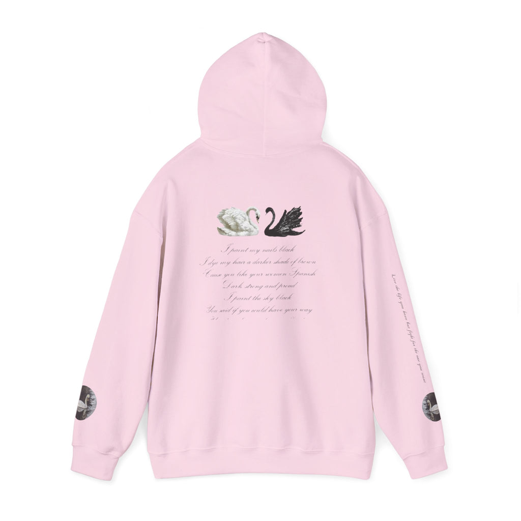 Hoodie — Black & White Swan Script Graphic Back Print