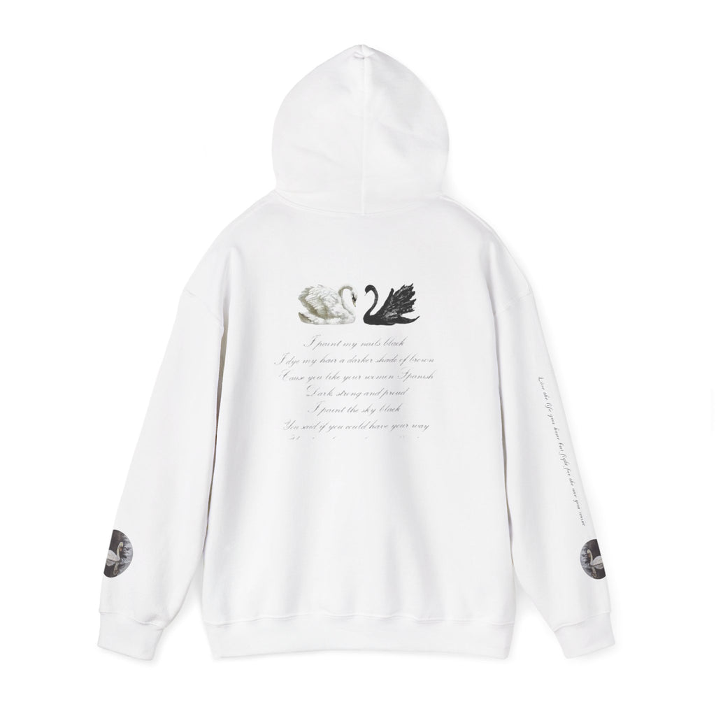 Hoodie — Black & White Swan Script Graphic Back Print