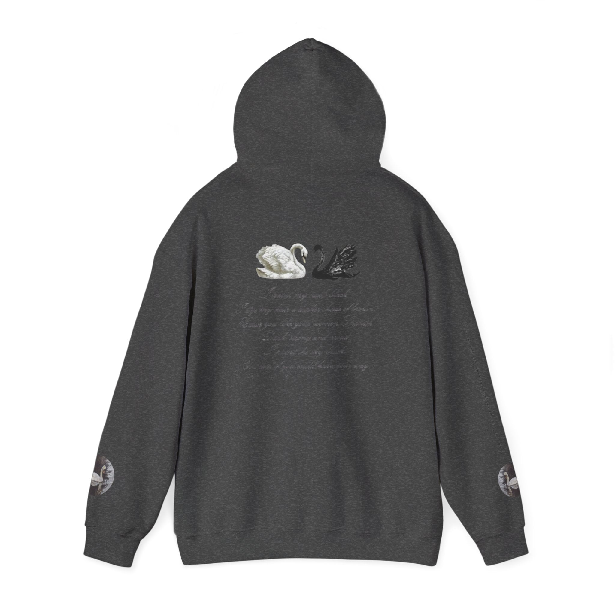 Hoodie — Black & White Swan Script Graphic Back Print