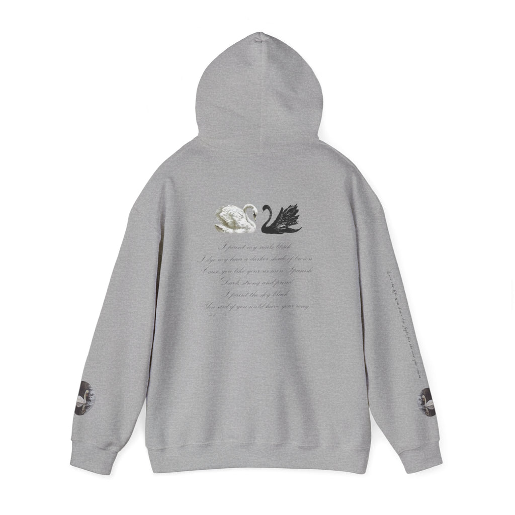 Hoodie — Black & White Swan Script Graphic Back Print