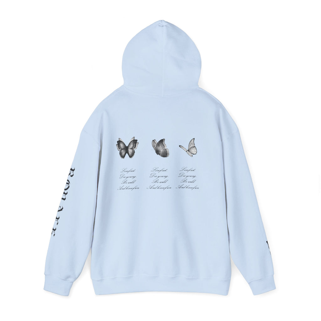 Butterfly Sleeve Hoodie — Minimal Monochrome Butterflies with Script Back