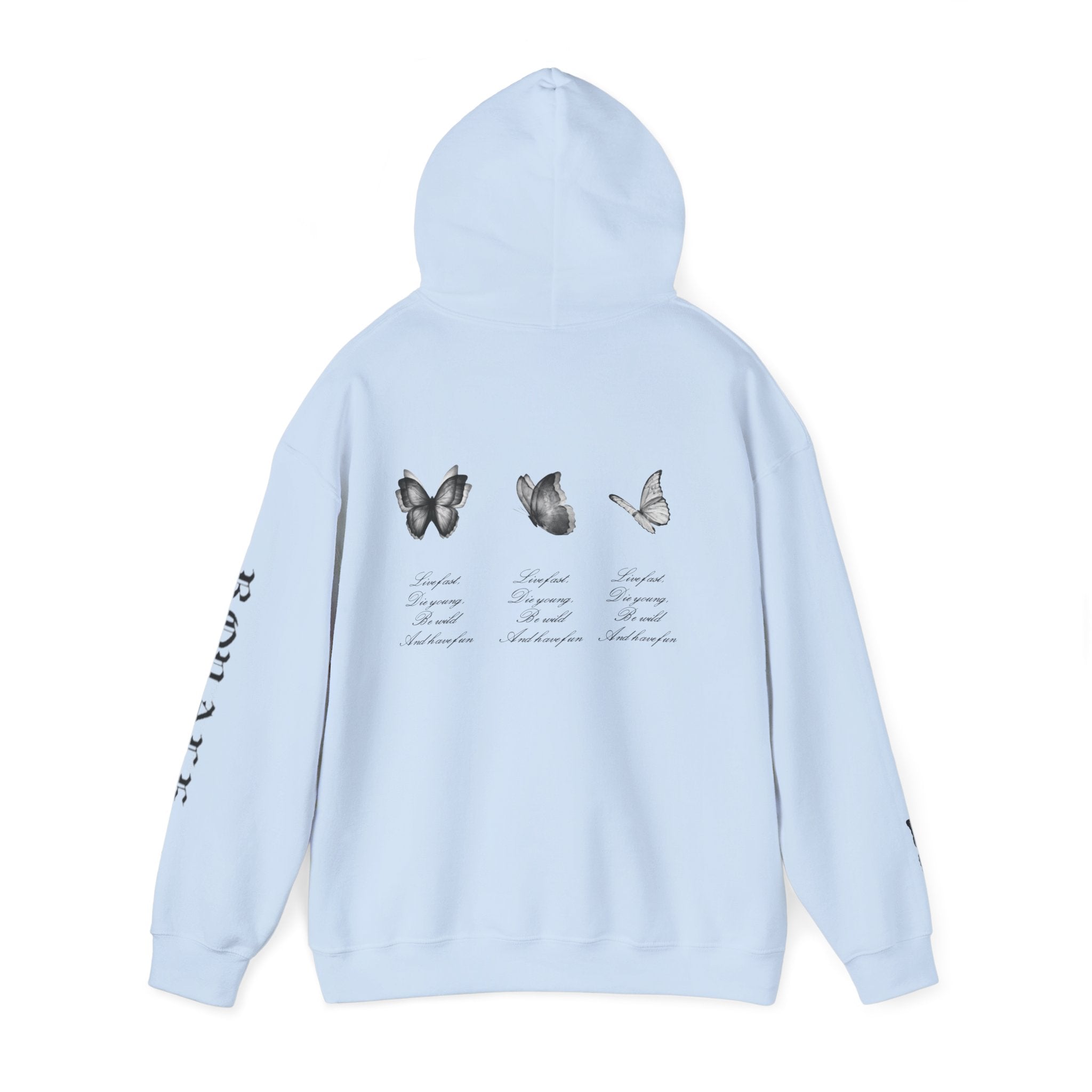 Butterfly Sleeve Hoodie — Minimal Monochrome Butterflies with Script Back