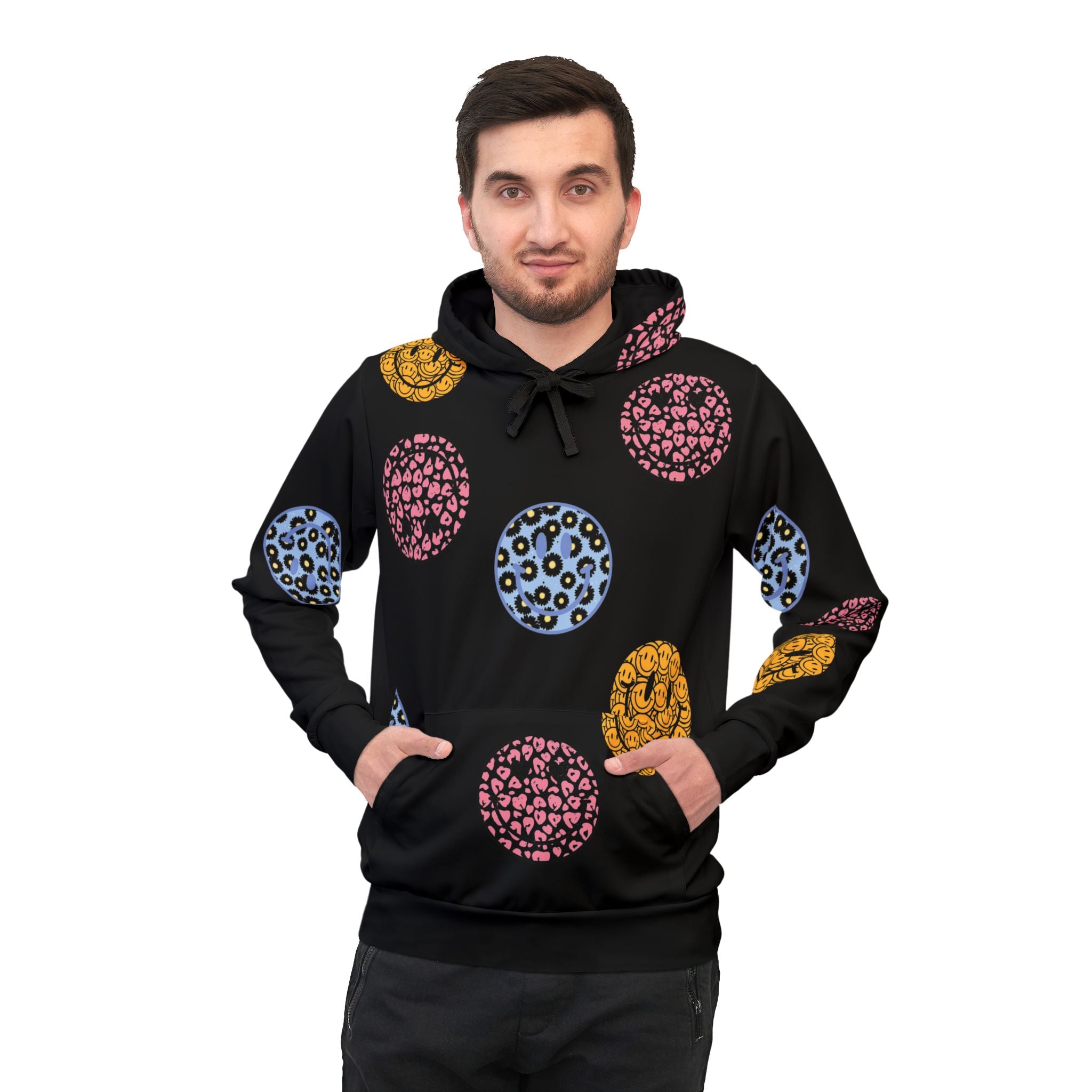 Smile Through the Pain Athletic Hoodie — Colorful Smiley Face All-Over Print
