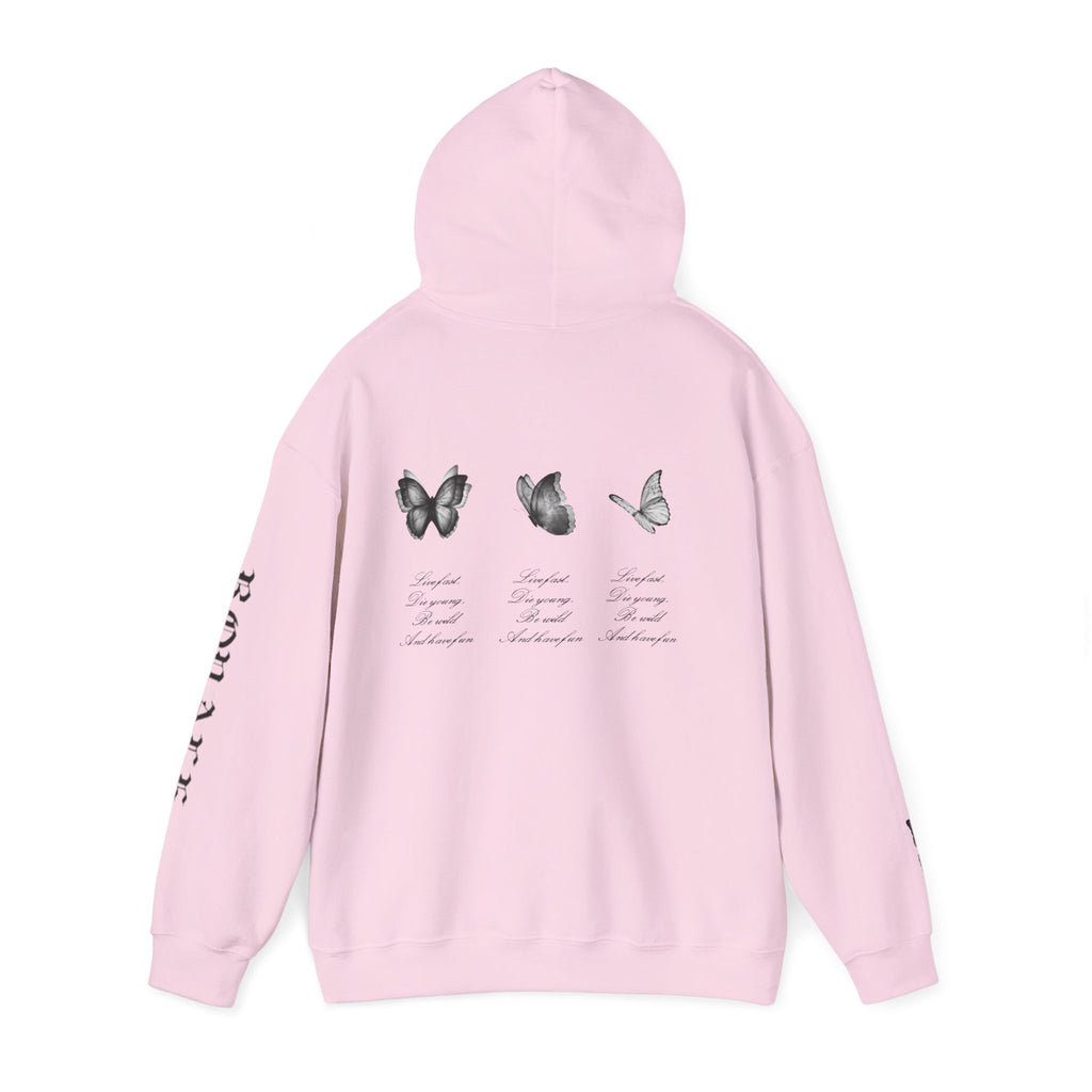 Butterfly Sleeve Hoodie — Minimal Monochrome Butterflies with Script Back