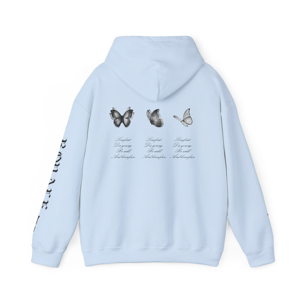 Butterfly Sleeve Hoodie — Minimal Monochrome Butterflies with Script Back