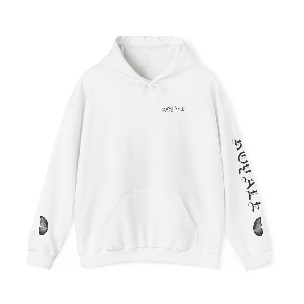 Butterfly Sleeve Hoodie — Minimal Monochrome Butterflies with Script Back